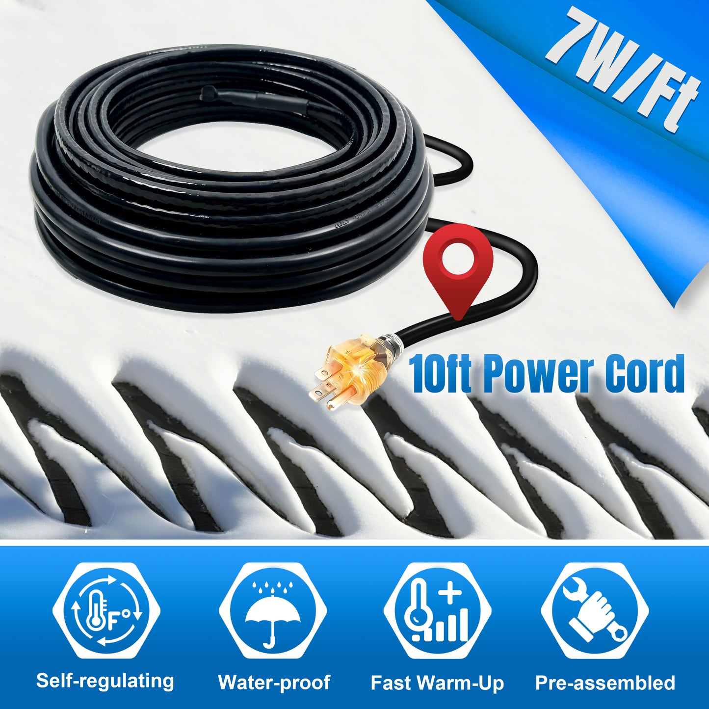 MAXKOSKO Self-Regulating Roof & Pipe Heating Cable with 10FT Power Cord, 7W/FT