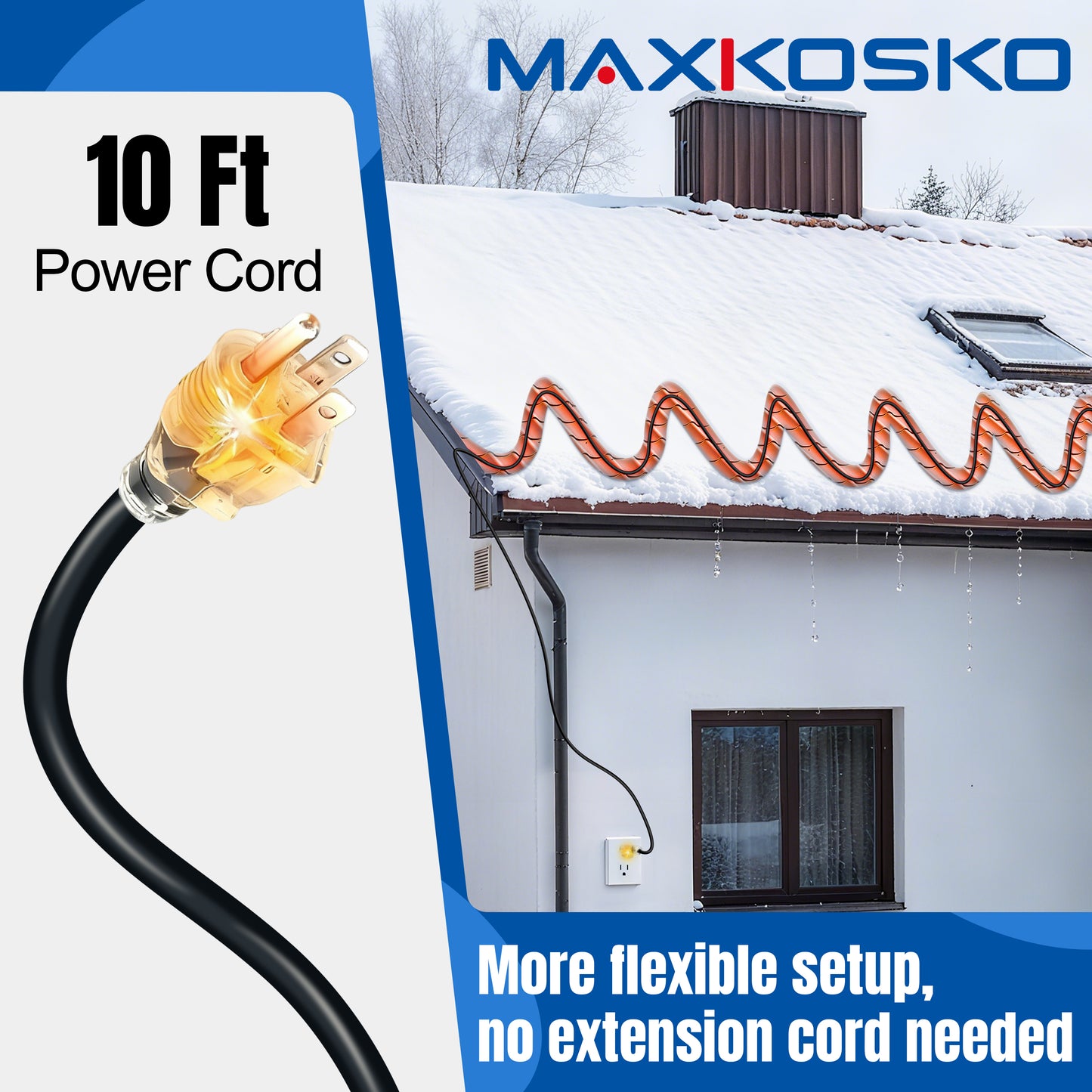 MAXKOSKO Self-Regulating Roof & Pipe Heating Cable with 10FT Power Cord, 7W/FT