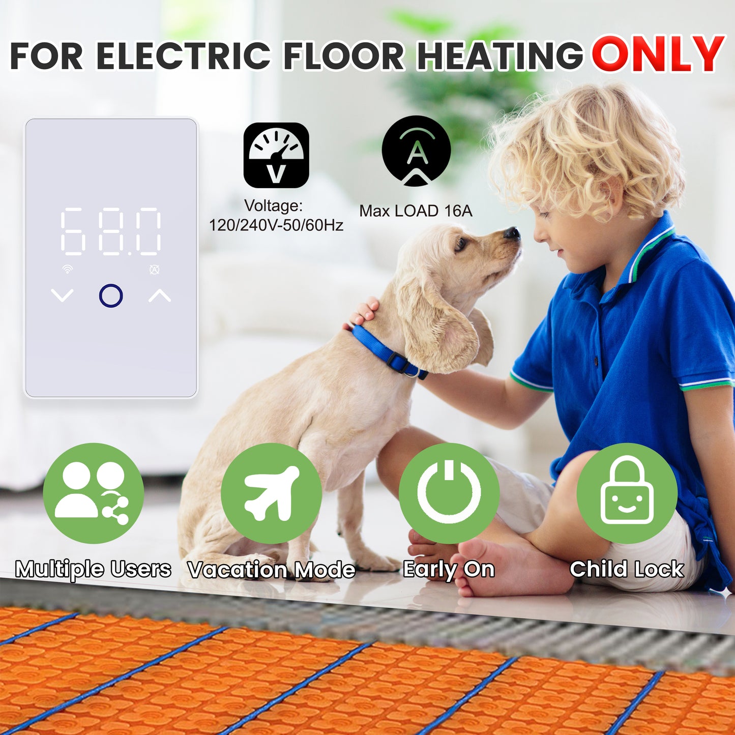 MAXKOSKO WiFi Smart Thermostat for Electric Floor Warming System, with Touchscreen LED Display, Programmable, 240/120V