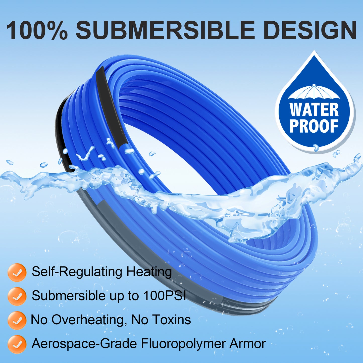 MAXKOSKO Sewage Pipe Heating Cable, Corrosion-Proof Fluoropolymer, Self-Regulating Heat Tech, 5ft to 75ft