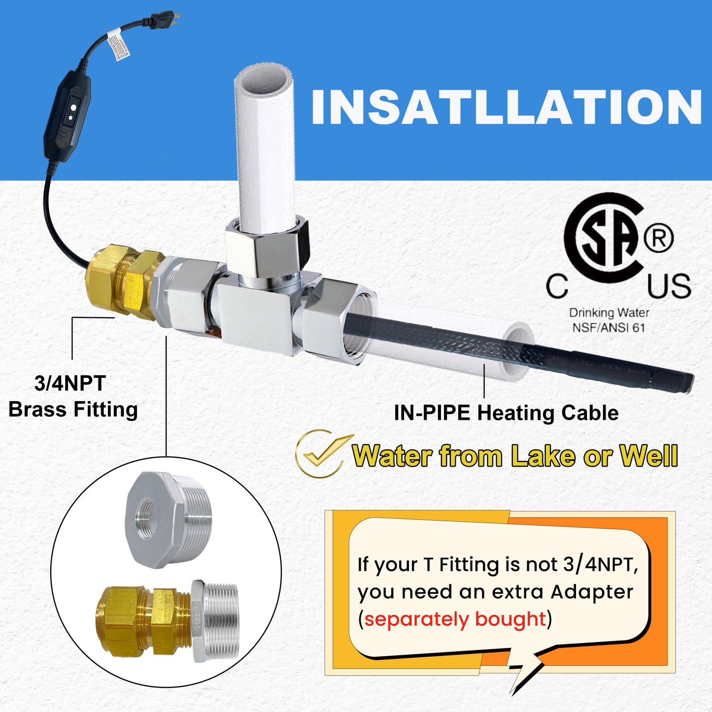 MAXKOSKO In Pipe Heating Cable, CSA Certified Internal Self-regulating Heat Trace Cable for Safe Drinking Water, 3W/ft @10℃/50℉