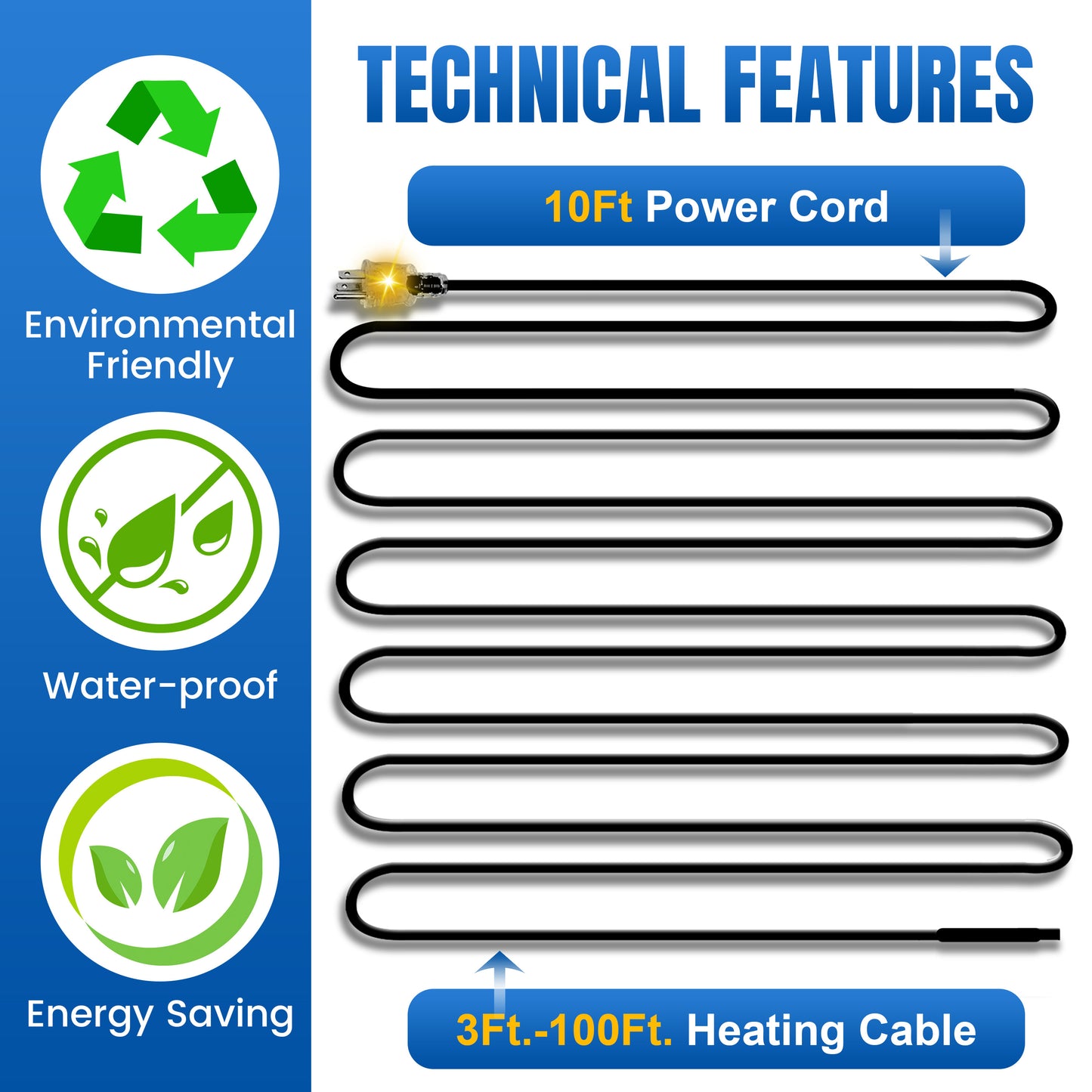 MAXKOSKO Self-Regulating Roof & Pipe Heating Cable with 10FT Power Cord, 7W/FT