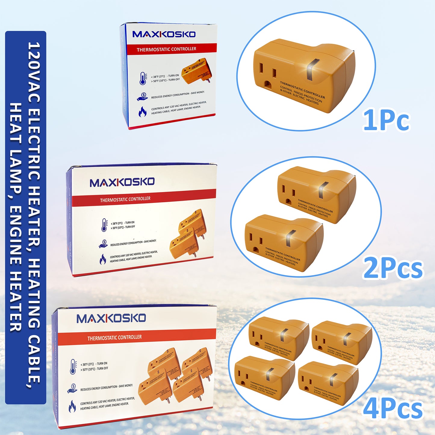 MAXKOSKO Temperature Controller Outlet, Auto On at 38°F / Off at 50°F, 100-120V / 15A