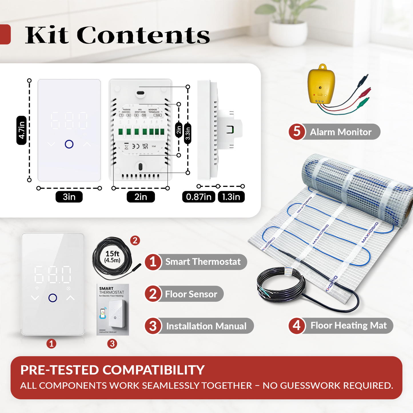 MAXKOSKO 120V Underfloor Radiant Heating System, Heating Mat Only or Complete Smart Kit with WiFi Thermostat, Floor Sensor, Alarm Monitor