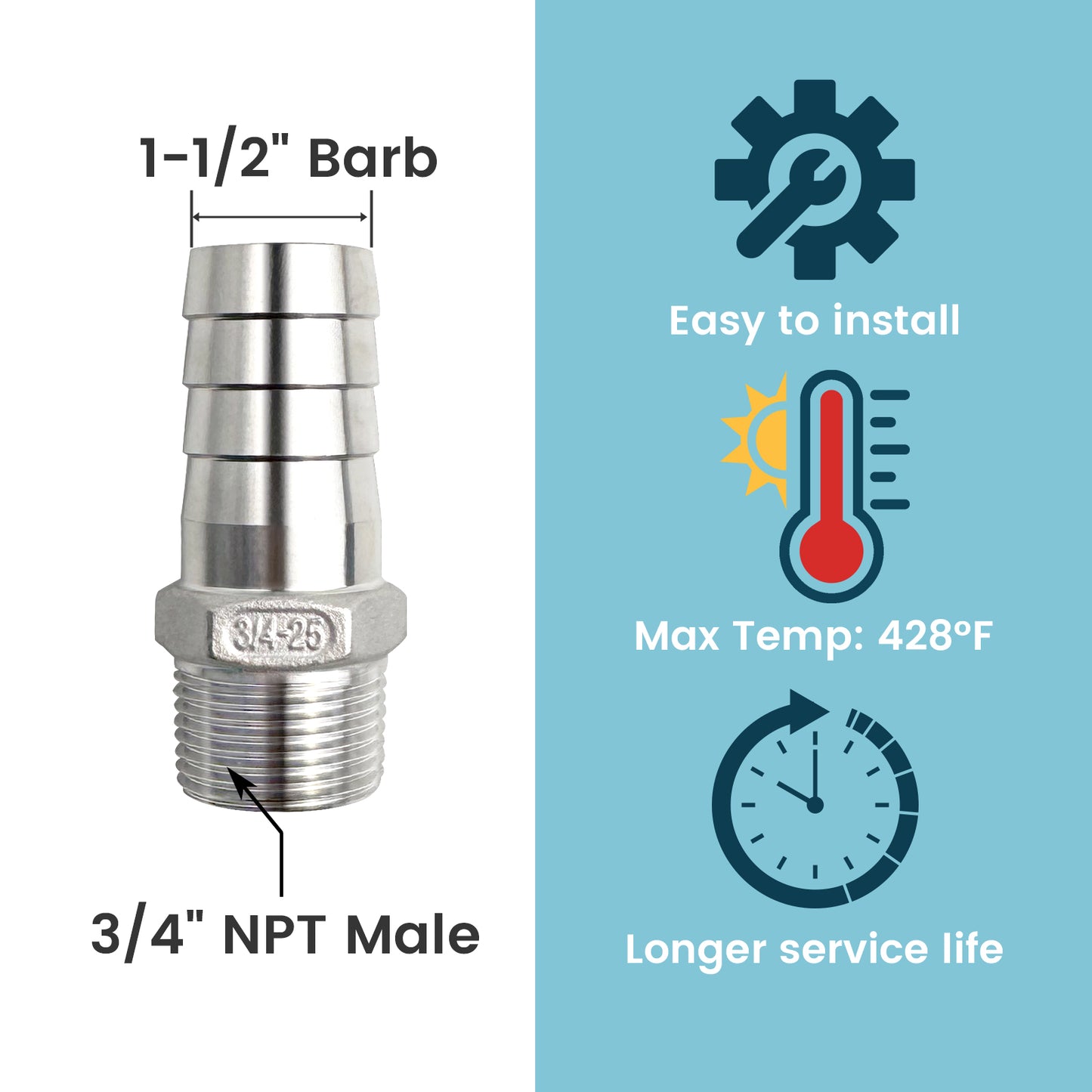 Stainless Steel Hose Barb Fitting, Barb x NPT Male Pipe Adapter, Barbed Air Hose Fitting with Hose Clamp