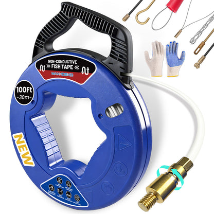MAXKOSKO 3/16" Professional Fiberglass Fish Tape - Non-Conductive Wire Puller with 360° Rotating Leader | 50ft-150ft