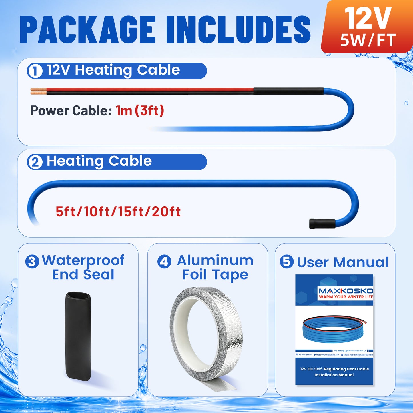 MAXKOSKO 12V DC Self-Regulating Heating Cable, 5W/ft Low Voltage Pipe Heat Tape for RV, Boat & Off-Grid Water Lines