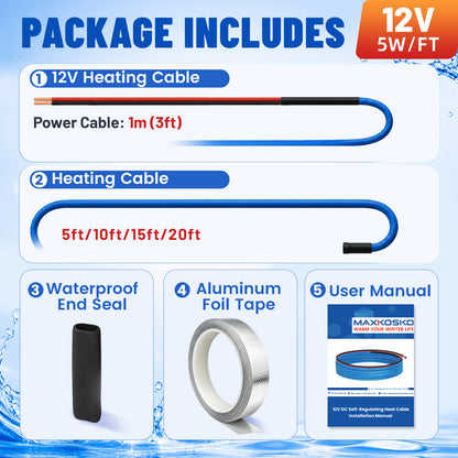 MAXKOSKO 12V DC Self-Regulating Heating Cable, 5W/ft Low Voltage Pipe Heat Tape for RV, Boat & Off-Grid Water Lines