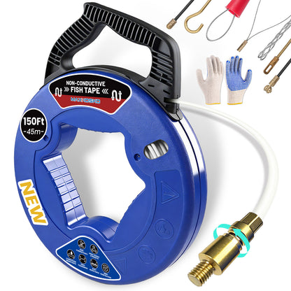 MAXKOSKO 3/16" Professional Fiberglass Fish Tape - Non-Conductive Wire Puller with 360° Rotating Leader | 50ft-150ft