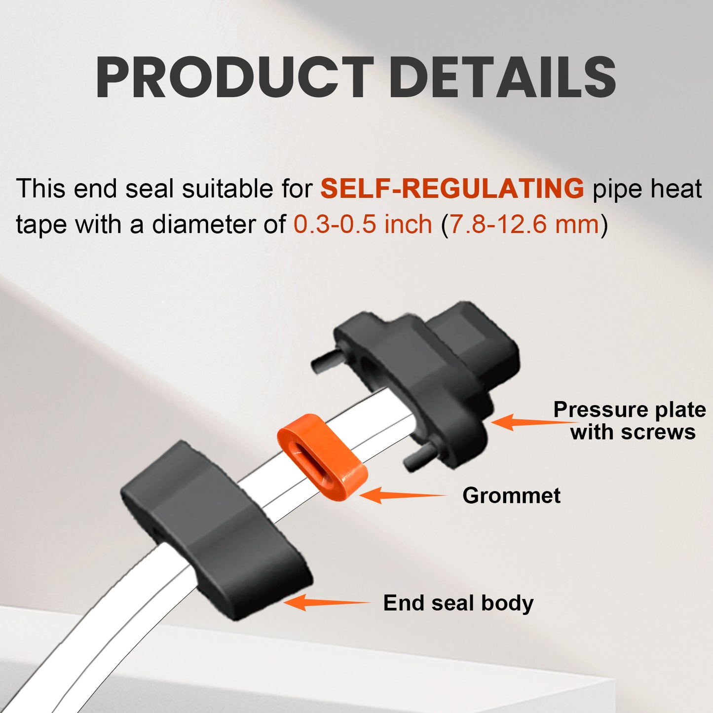 End Seal For Self-regulating Heating Tape, with a diameter of 0.3-0.5 inch (7.8-12.6 mm)