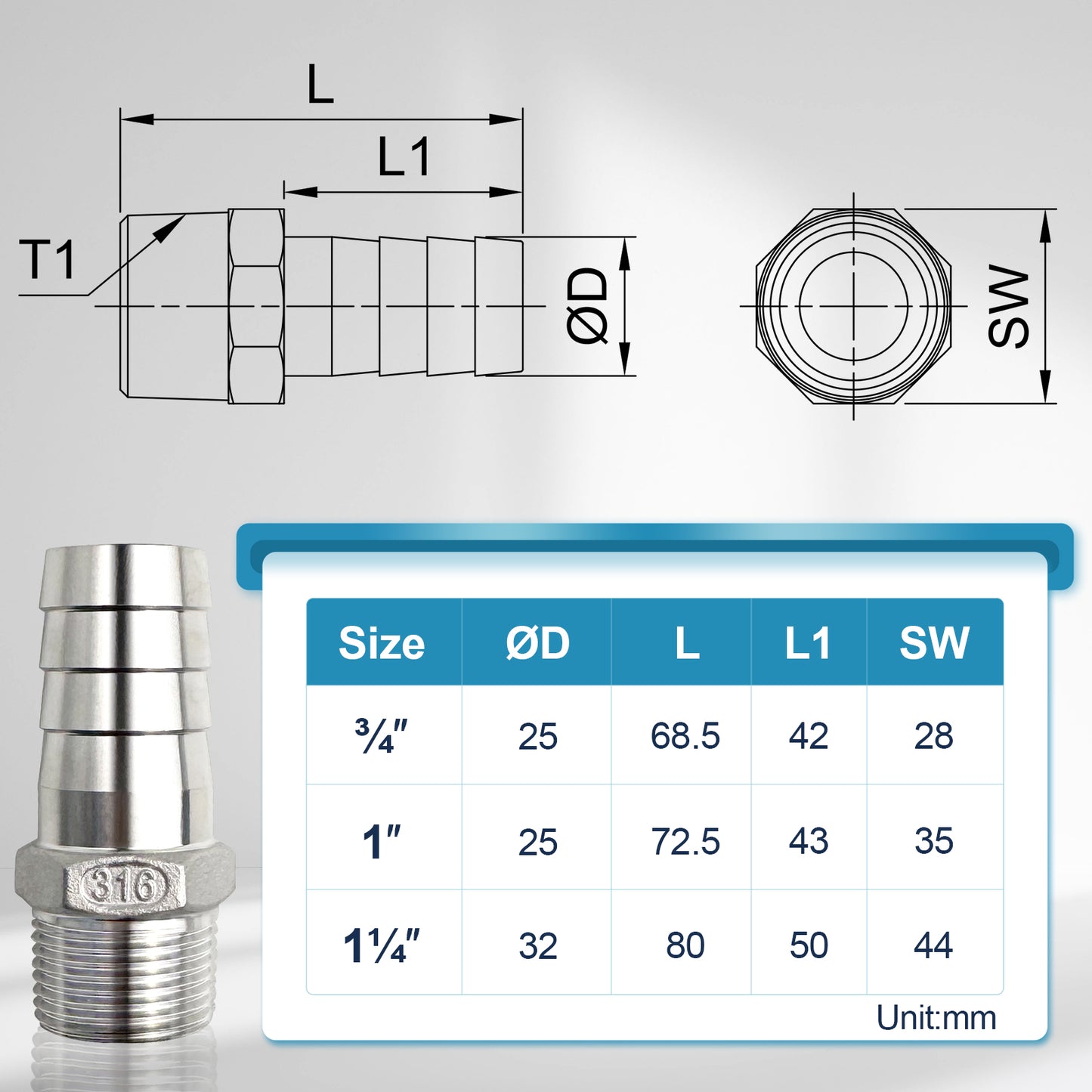 Stainless Steel Hose Barb Fitting, Barb x NPT Male Pipe Adapter, Barbed Air Hose Fitting with Hose Clamp