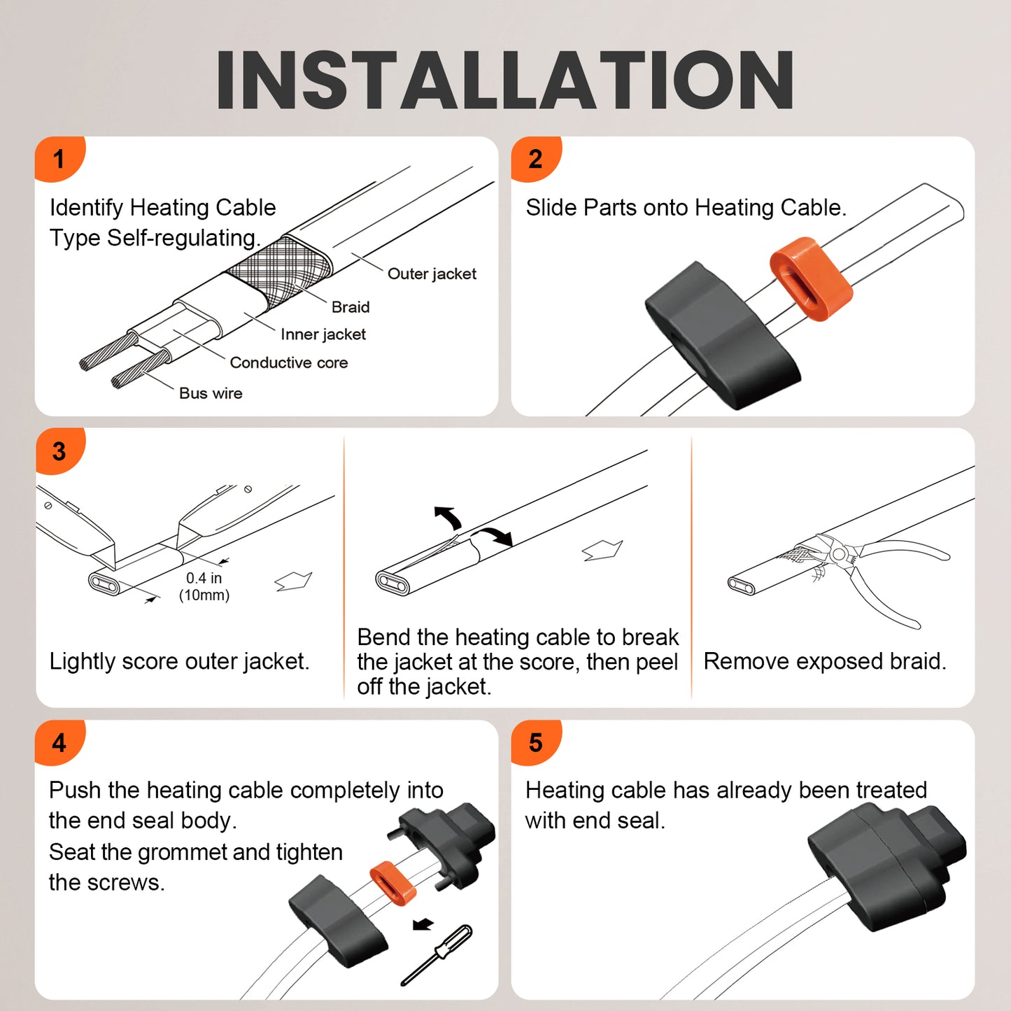 End Seal For Self-regulating Heating Tape, with a diameter of 0.3-0.5 inch (7.8-12.6 mm)