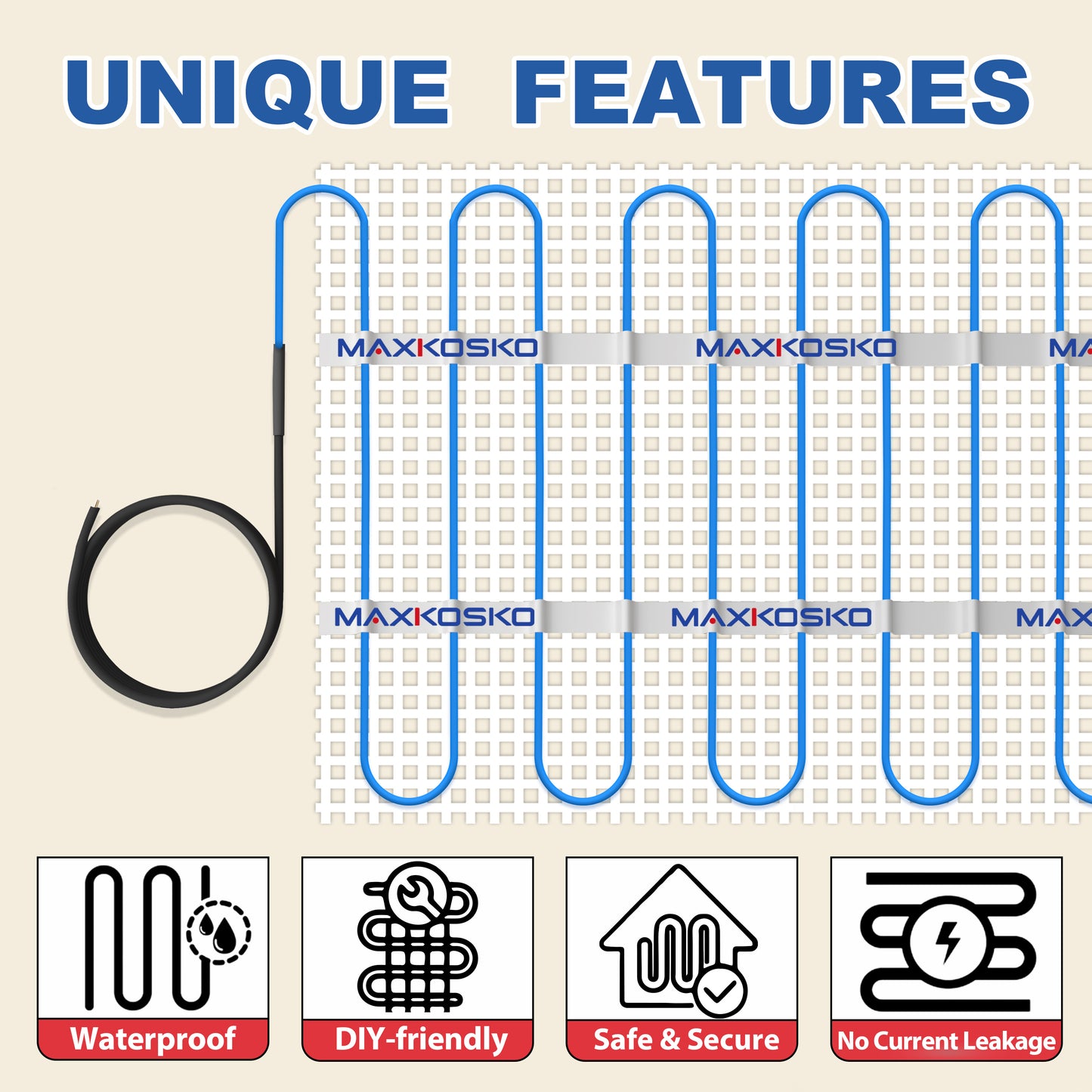 MAXKOSKO Electric Heated Floor Mat Kit, Underfloor Heating System, with Alarm Monitor