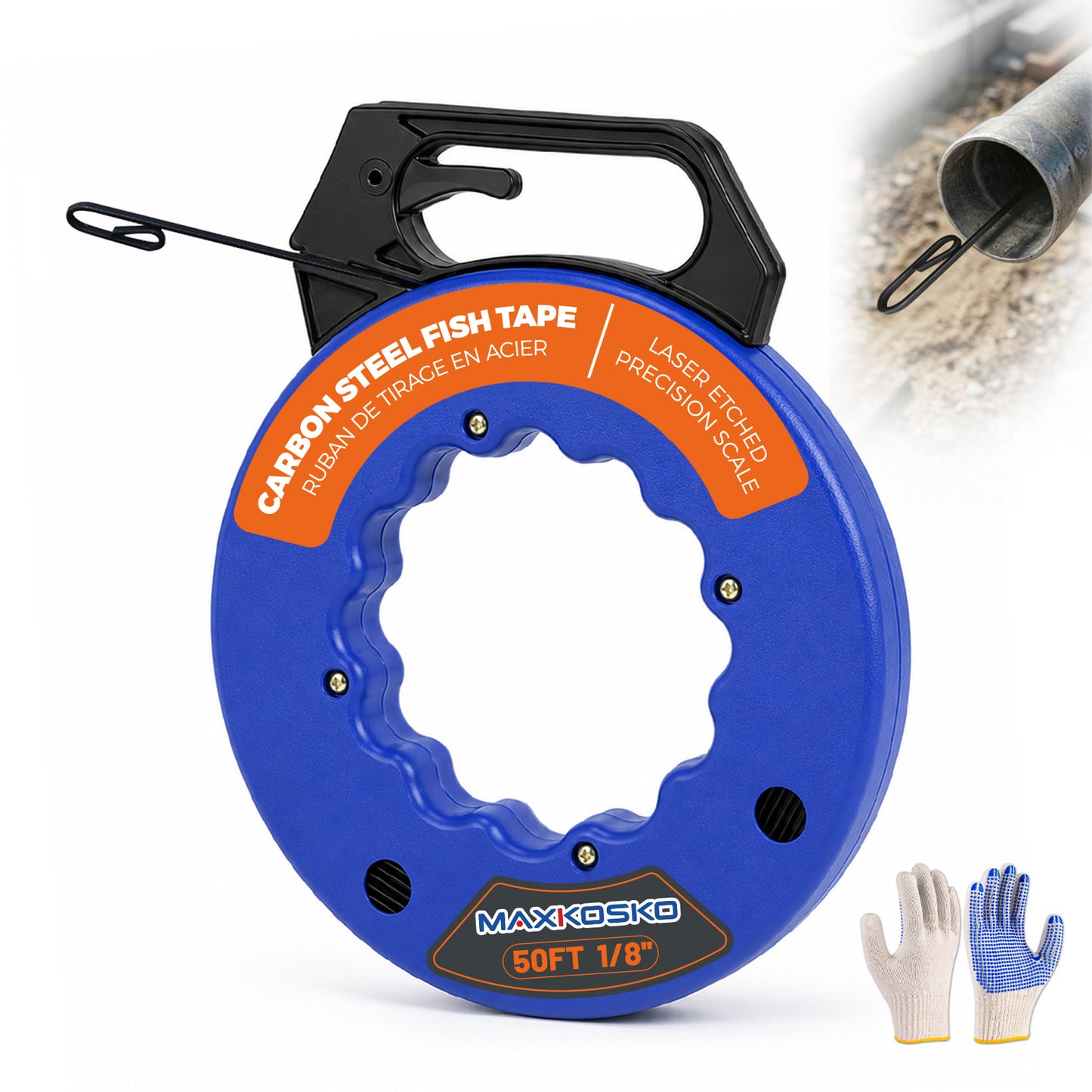 MAXKOSKO 1/8" Carbon Steel Electrical Fish Tape - High-Strength Wire Puller with Gloves, Ergonomic Handle & Reinforced Loop
