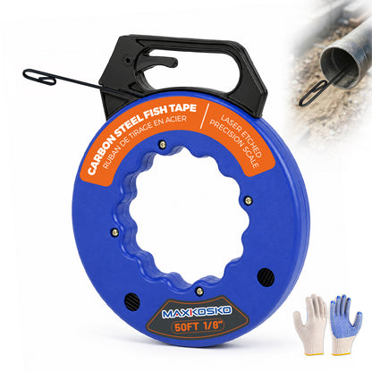 MAXKOSKO 1/8" Carbon Steel Electrical Fish Tape - High-Strength Wire Puller with Gloves, Ergonomic Handle & Reinforced Loop