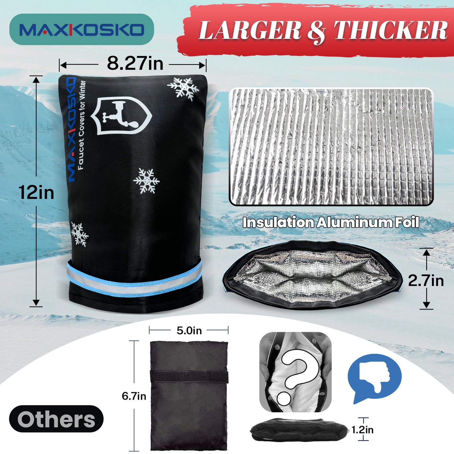 MAXKOSKO Outdoor Faucet Cover for Winter Freeze Protection, 8.27"W X 12"H, Waterproof Thickened 3-Layer Hose Bib Covers