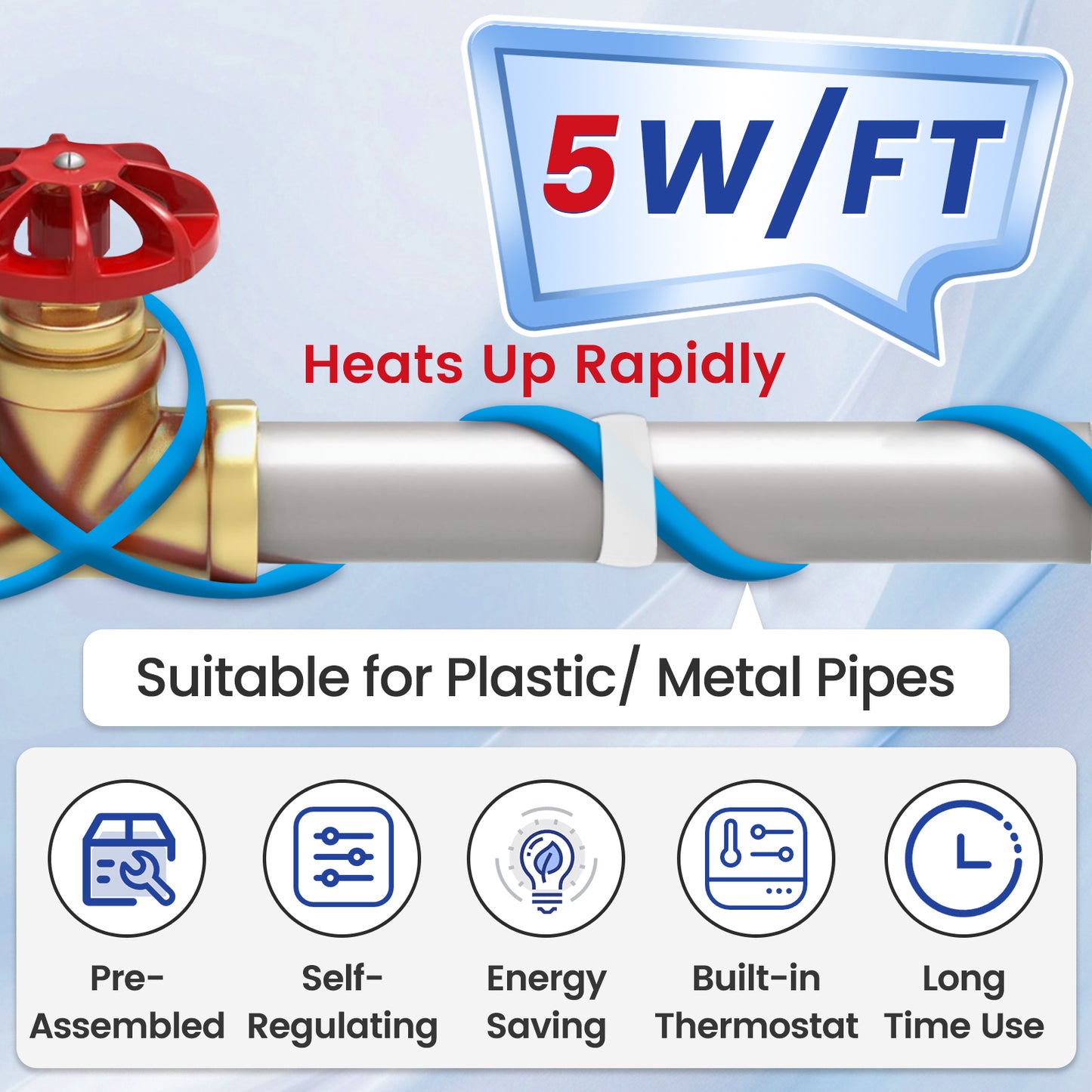 MAXKOSKO Heat Trace for Pipe Freeze Protection, Self-regulating for Metal and Plastic Water Pipe, with Thermostat, 5W/ft