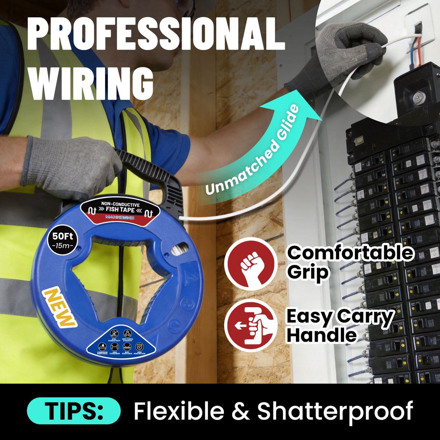 MAXKOSKO 3/16" Professional Fiberglass Fish Tape - Non-Conductive Wire Puller with 360° Rotating Leader | 50ft-150ft