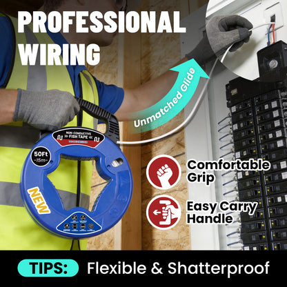 MAXKOSKO 3/16" Professional Fiberglass Fish Tape - Non-Conductive Wire Puller with 360° Rotating Leader | 50ft-150ft