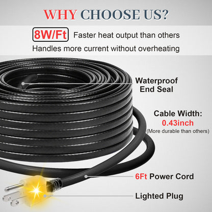 MAXKOSKO Gutter Heat Trace Cable, Self-regulating Heat Tape, 6ft Power Cold, 8W/ft