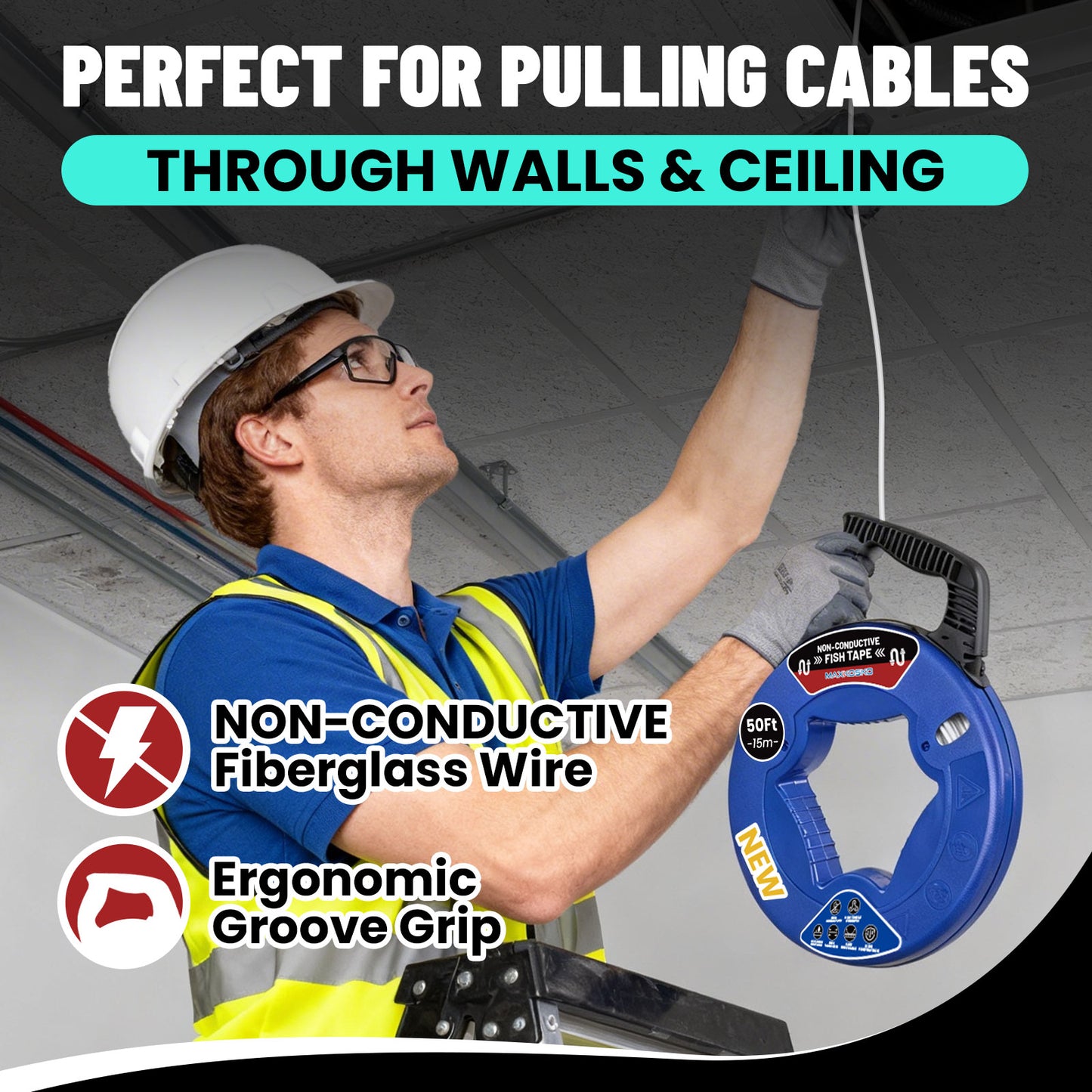 MAXKOSKO 3/16" Professional Fiberglass Fish Tape - Non-Conductive Wire Puller with 360° Rotating Leader | 50ft-150ft