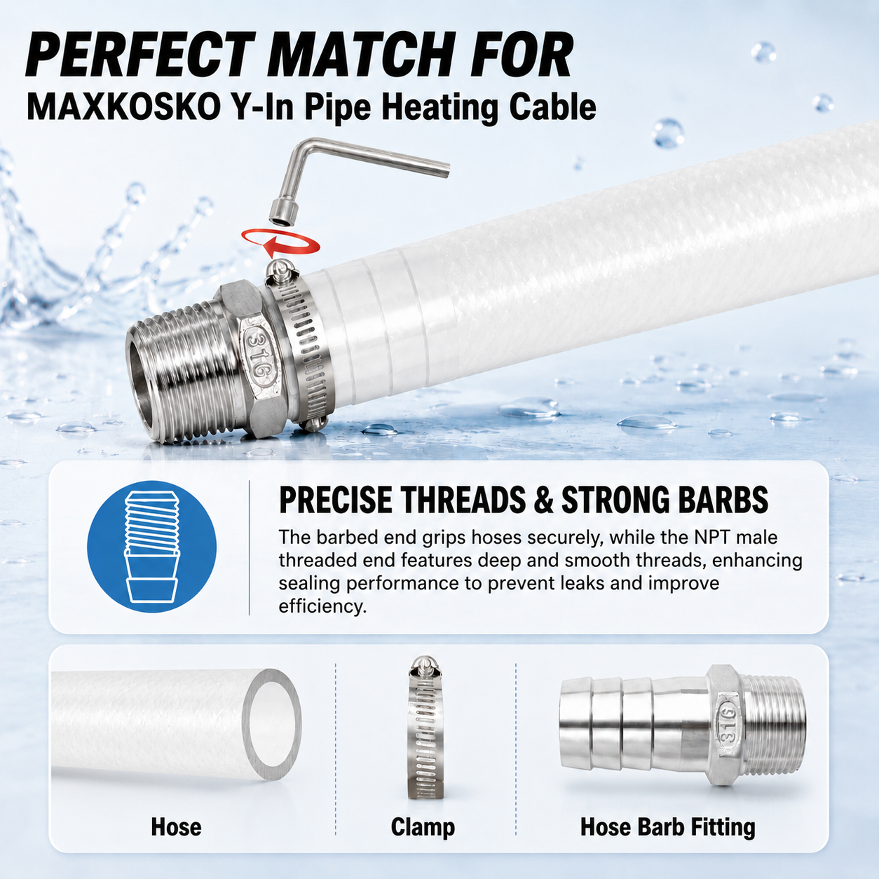 MAXKOSKO In-Pipe Heating Cable with Y-Fitting for Drinking Water Pipes, 120V CSA Self-Regulating Heat Trace with GFCI