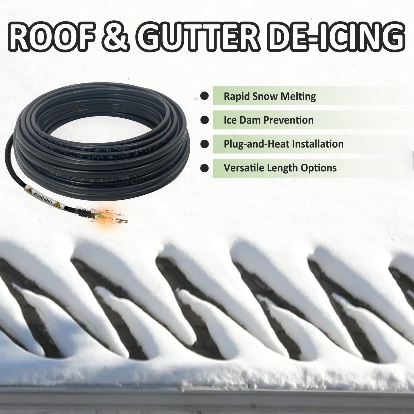 MAXKOSKO Gutter Heat Trace Cable, Constant Wattage Heat Tape, Clips and Spacers Included, 10ft Power Cold, 7W/ft