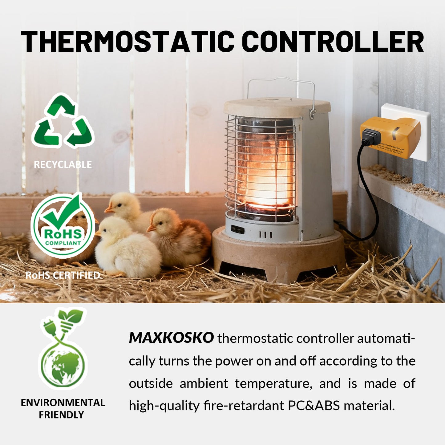 MAXKOSKO Temperature Controller Outlet, Auto On at 38°F / Off at 50°F, 100-120V / 15A