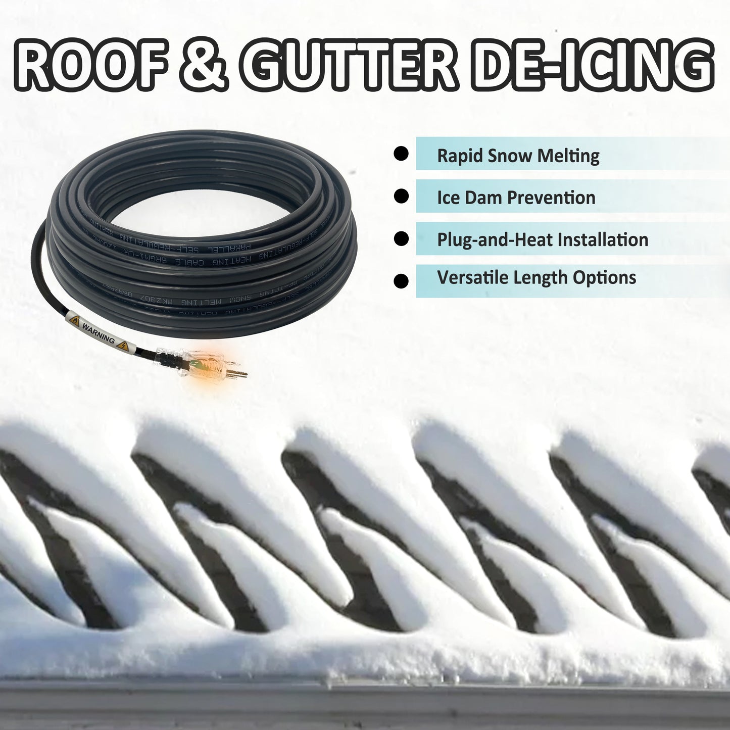 MAXKOSKO Gutter Heat Trace Cable, Self-regulating Heat Tape, Clips and Spacers Included, 10ft Power Cold, 6W/ft