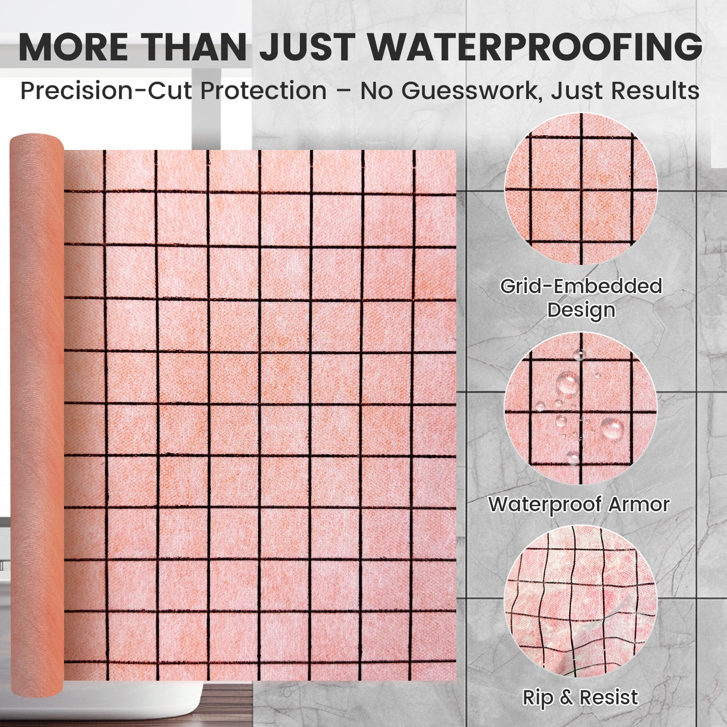 MAXKSOKO Waterproofing Membrane Roll, Pre-Marked Grid for Easy Cutting, PE Fabric Underlayment for Tile Floors and Walls, 108 Sq Ft (32.8ft x 3.3ft)