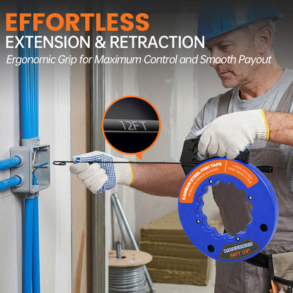 MAXKOSKO 1/8" Carbon Steel Electrical Fish Tape - High-Strength Wire Puller with Gloves, Ergonomic Handle & Reinforced Loop