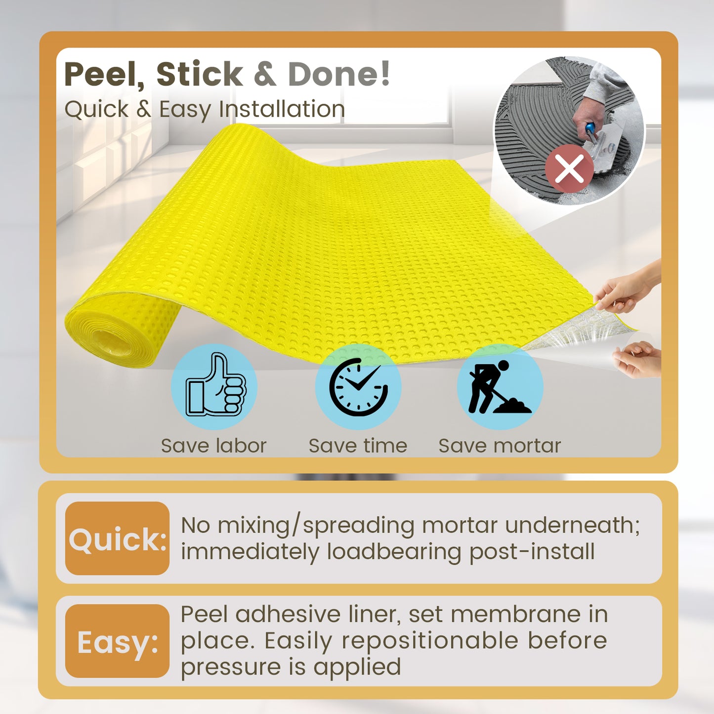 MAXKOSKO Self-Adhesive Uncoupling Membrane Roll, Peel & Stick Tile Underlayment, 1/8" Thick Waterproofing Anti-Fracture Mat for Floors