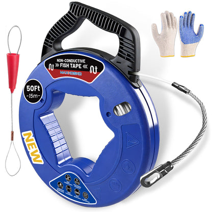MAXKOSKO 3/16" Professional Fiberglass Fish Tape - Non-Conductive Wire Puller with 360° Rotating Leader | 50ft-150ft