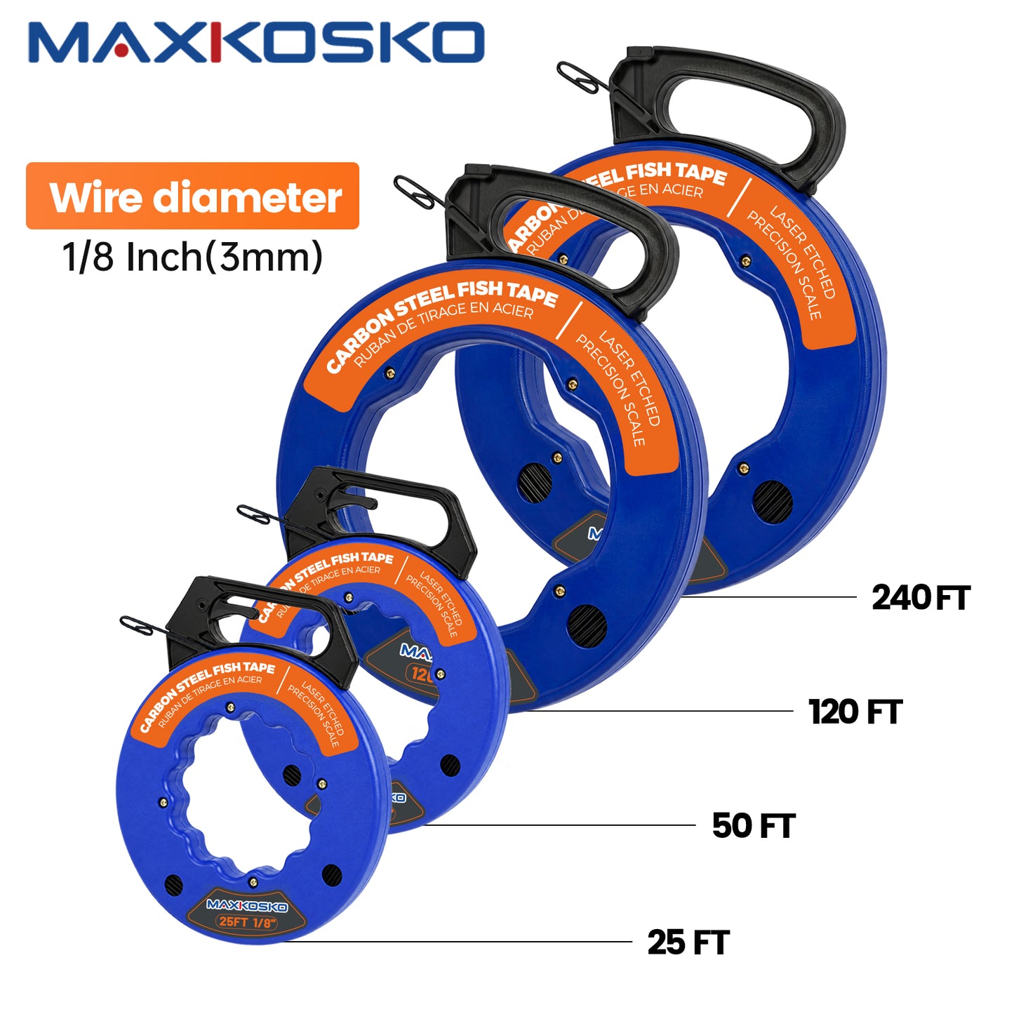 MAXKOSKO 1/8" Carbon Steel Electrical Fish Tape - High-Strength Wire Puller with Gloves, Ergonomic Handle & Reinforced Loop
