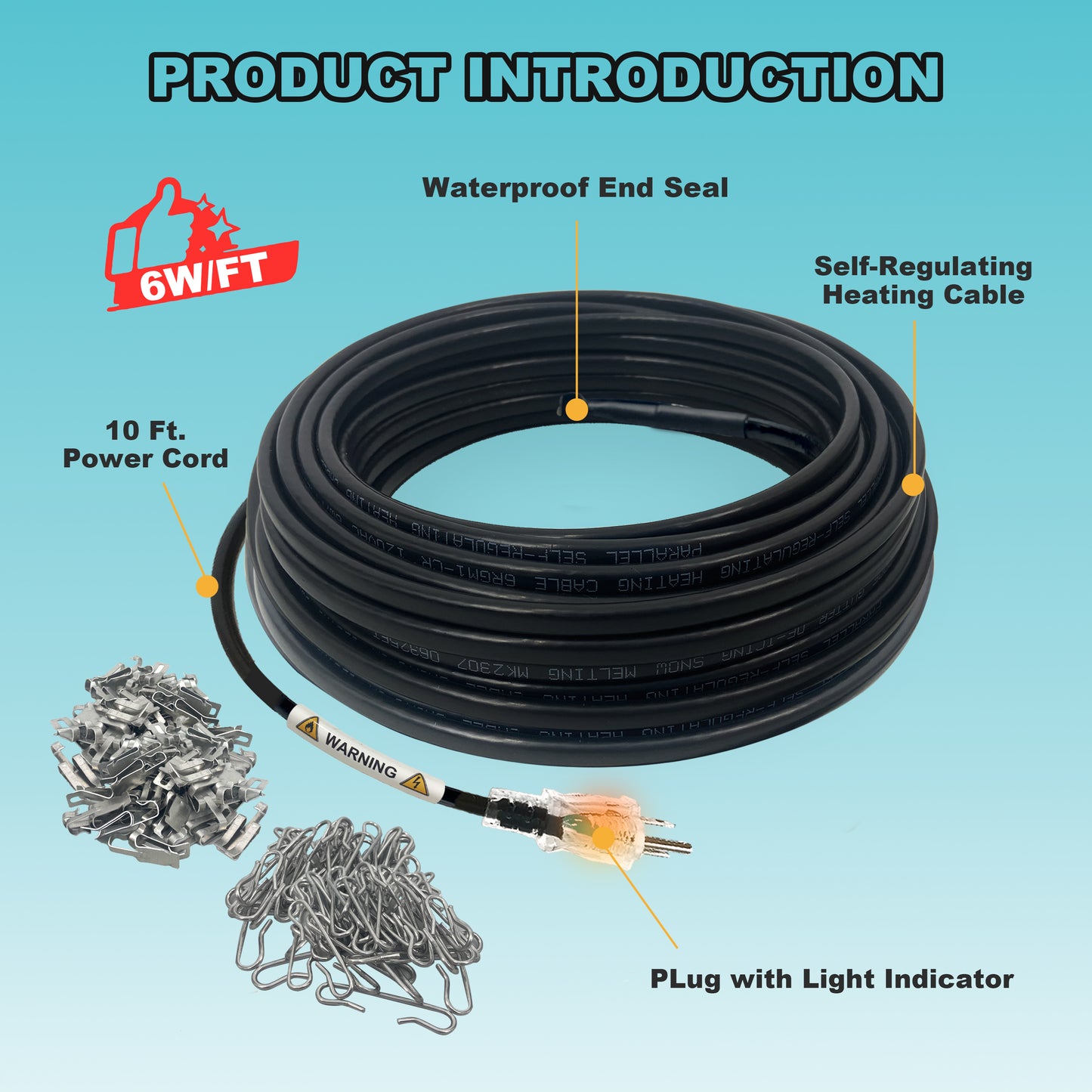 MAXKOSKO Gutter Heat Trace Cable, Self-regulating Heat Tape, Clips and Spacers Included, 10ft Power Cold, 6W/ft