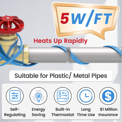 MAXKOSKO Pipe Heating Cable, Dual LED Indicators, Self-Regulating Heat Tape for Water Pipes, 120V