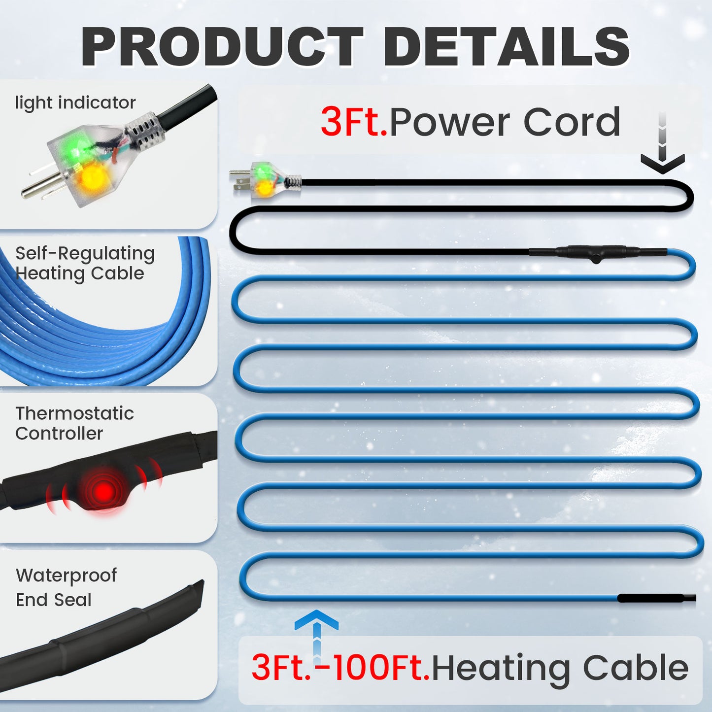 MAXKOSKO Pipe Heating Cable, Dual LED Indicators, Self-Regulating Heat Tape for Water Pipes, 120V
