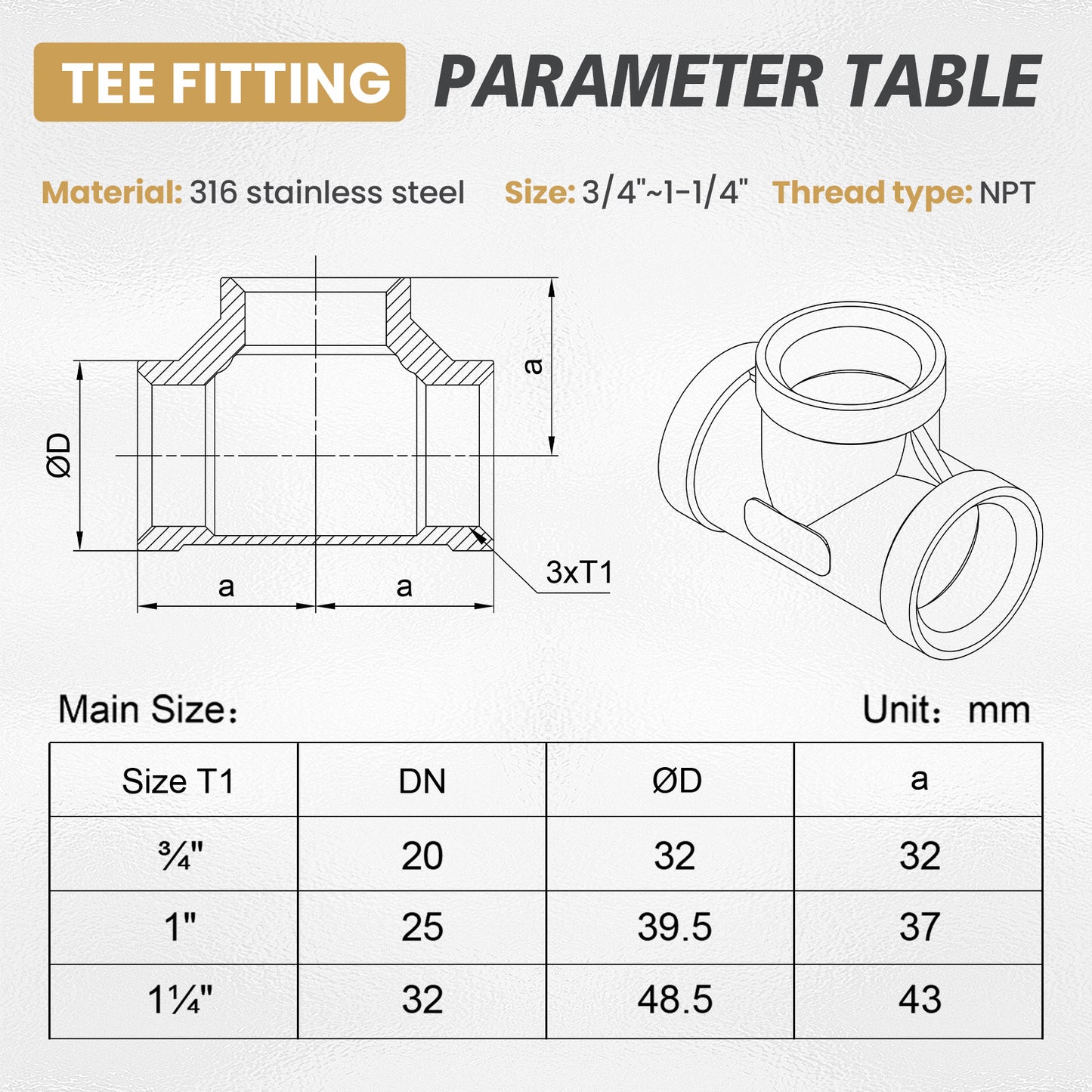 Plumbing Tee Fitting, 316 Stainless Steel Push T Fitting Adapters, for In Pipe Heating Cable