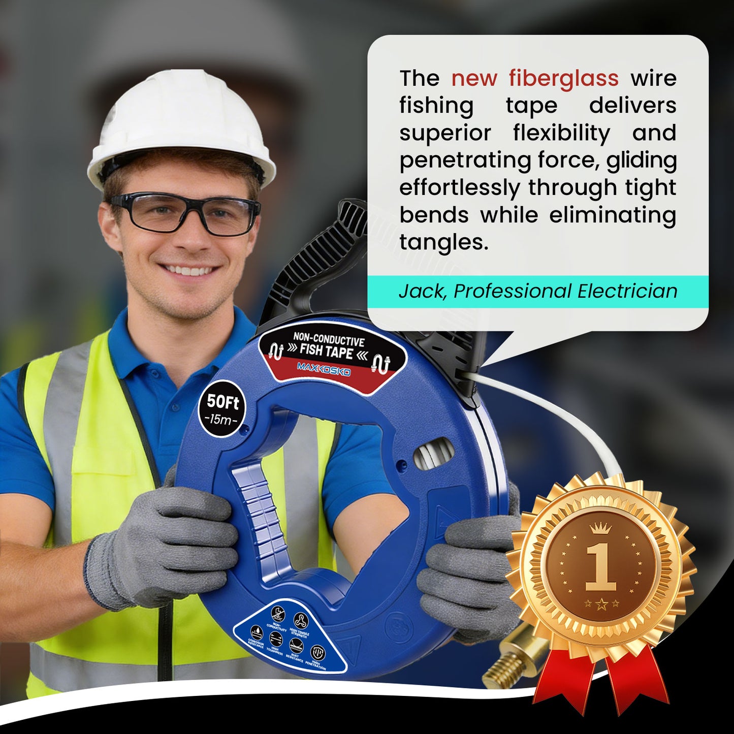 MAXKOSKO 3/16" Professional Fiberglass Fish Tape - Non-Conductive Wire Puller with 360° Rotating Leader | 50ft-150ft