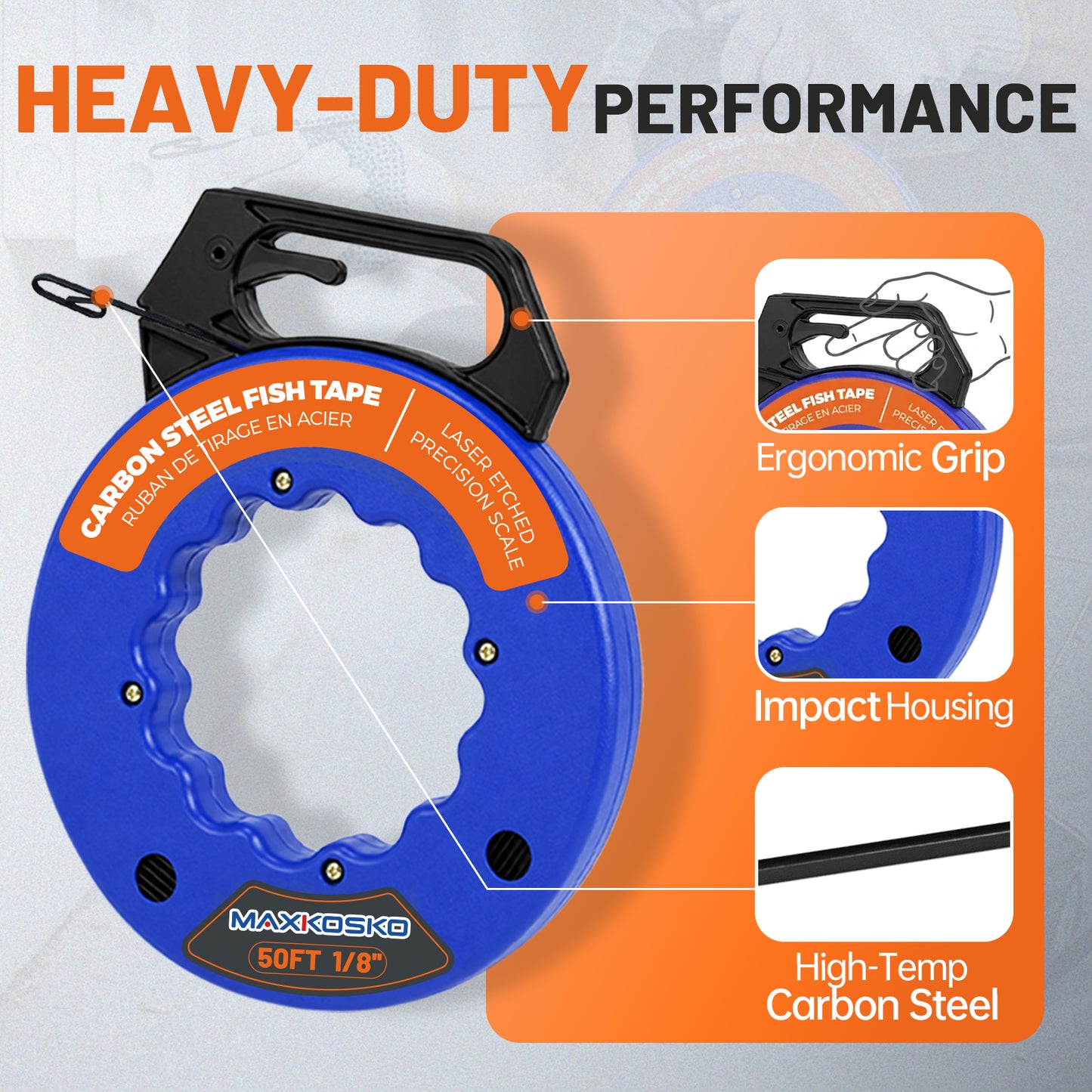 MAXKOSKO 1/8" Carbon Steel Electrical Fish Tape - High-Strength Wire Puller with Gloves, Ergonomic Handle & Reinforced Loop
