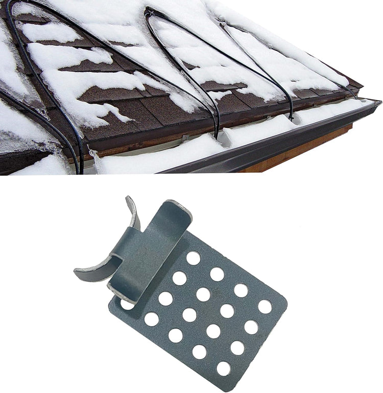 Roof and gutter de-icing cable installed along a snowy roof edge