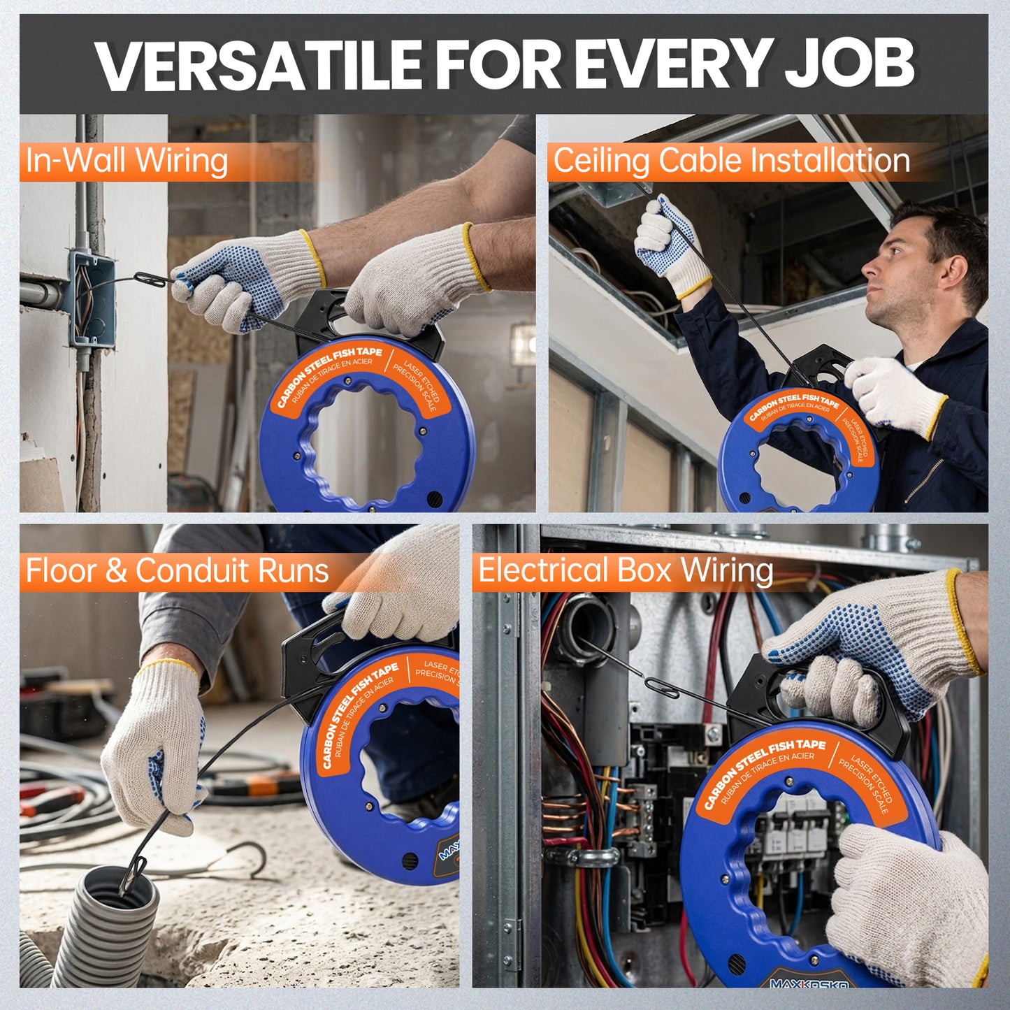 MAXKOSKO 1/8" Carbon Steel Electrical Fish Tape - High-Strength Wire Puller with Gloves, Ergonomic Handle & Reinforced Loop