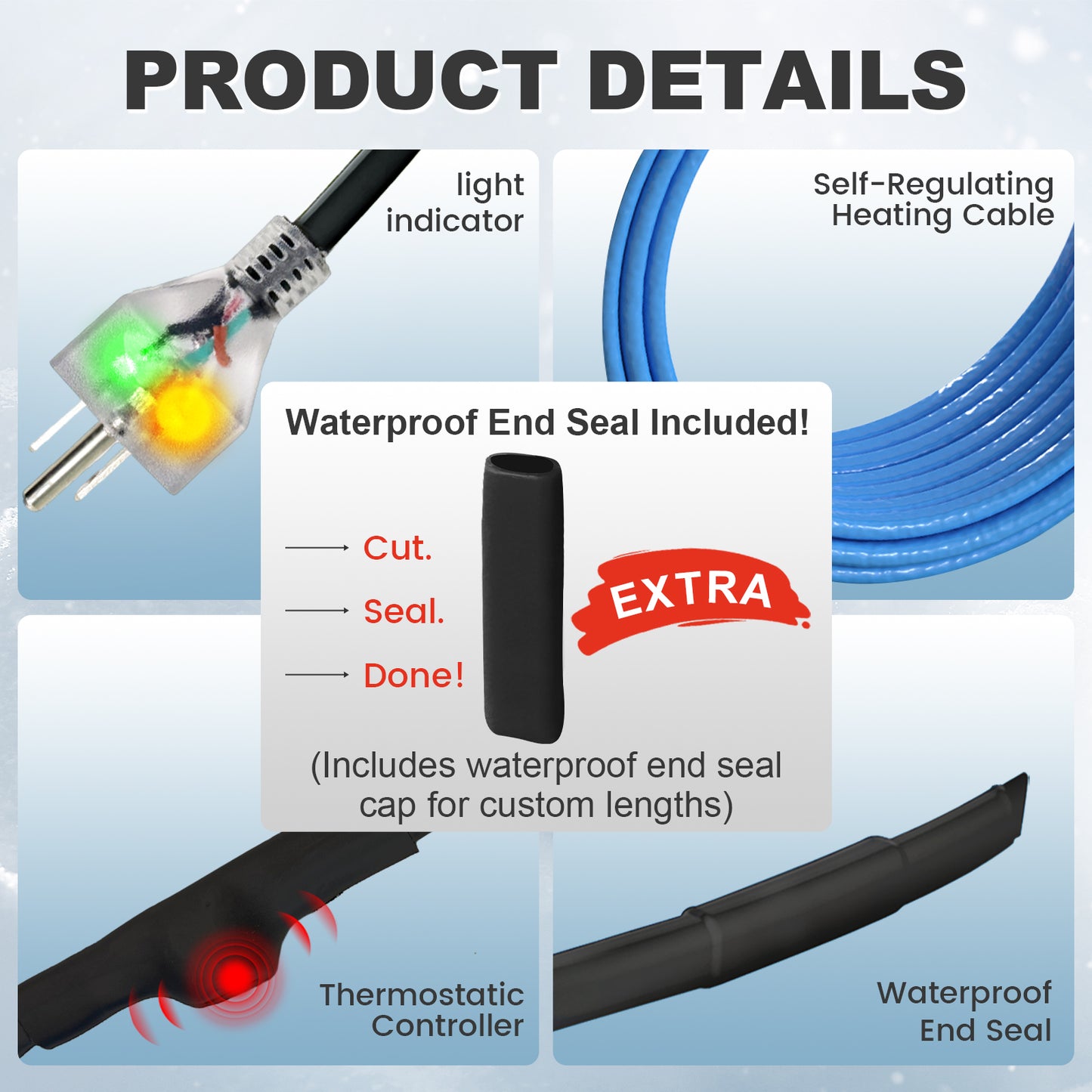 MAXKOSKO Pipe Heating Cable, Dual LED Indicators, Self-Regulating Heat Tape for Water Pipes, 120V