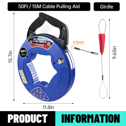 MAXKOSKO 3/16" Professional Fiberglass Fish Tape - Non-Conductive Wire Puller with 360° Rotating Leader | 50ft-150ft