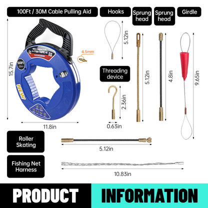 MAXKOSKO 3/16" Professional Fiberglass Fish Tape - Non-Conductive Wire Puller with 360° Rotating Leader | 50ft-150ft