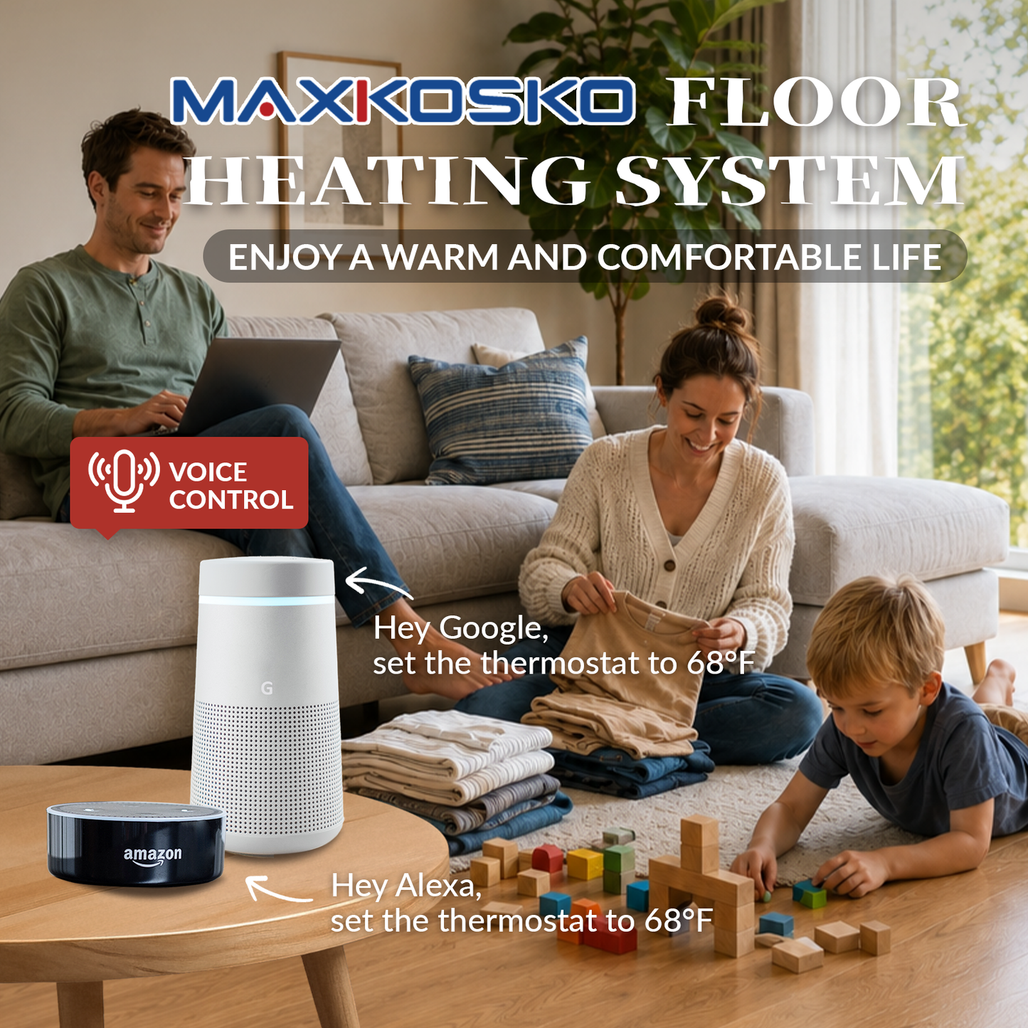 MAXKOSKO 120V Underfloor Radiant Heating System, Heating Mat Only or Complete Smart Kit with WiFi Thermostat, Floor Sensor, Alarm Monitor