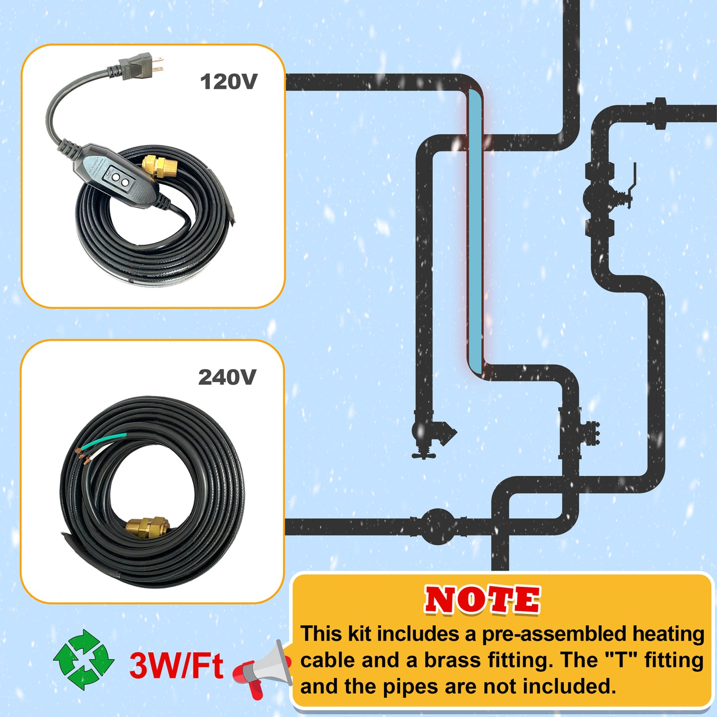 MAXKOSKO In Pipe Heating Cable, Internal Self-regulating Heat Trace Cable for Safe Drinking Water, 3W/ft @10℃/50℉