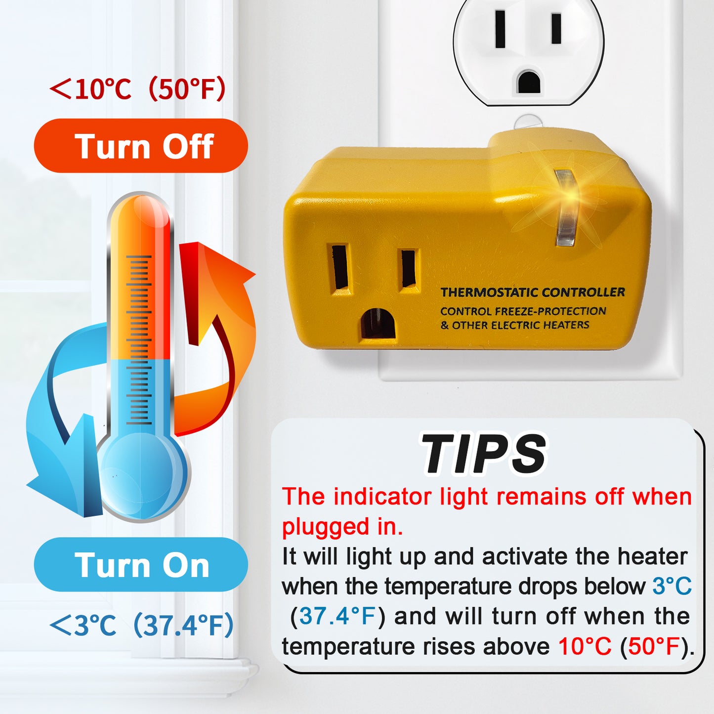 MAXKOSKO Temperature ControIIer OutIet, Auto On at 38°F / Off at 50°F, 100-120V / 15A