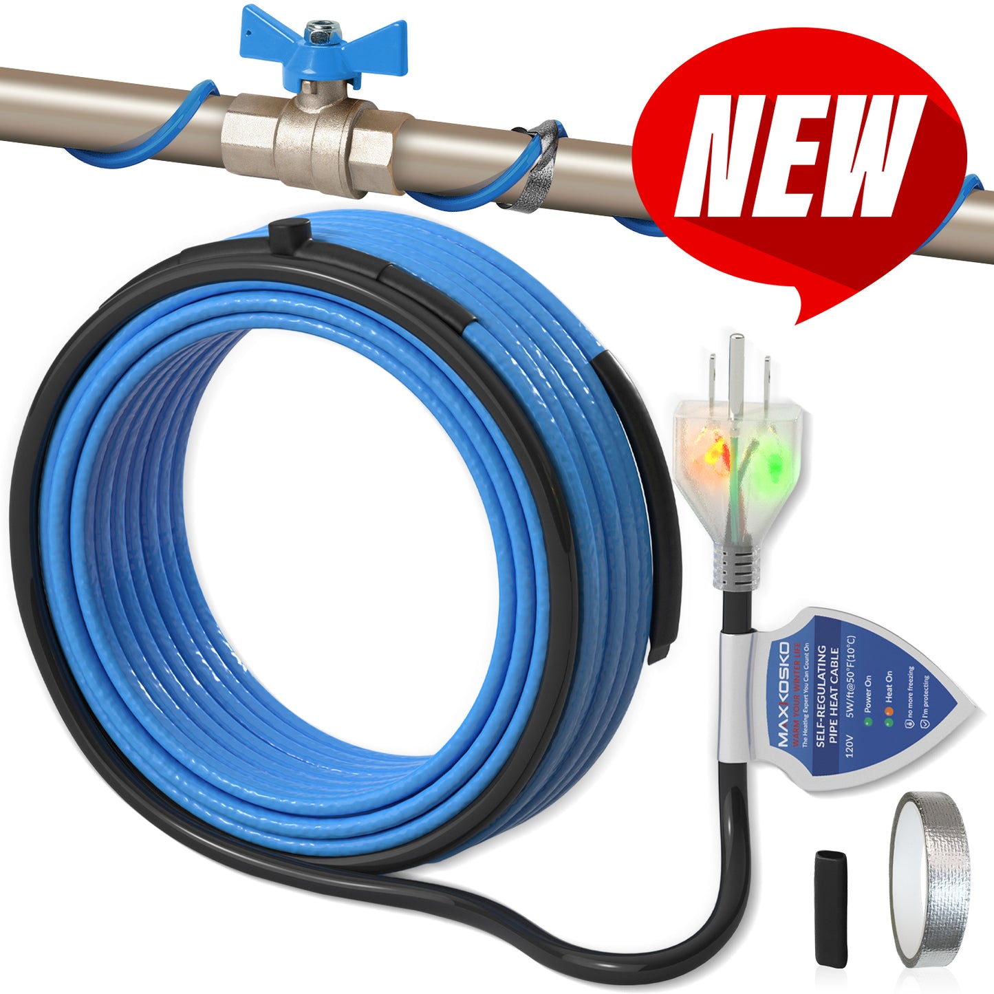 MAXKOSKO Pipe Heating Cable, Dual LED Indicators, Self-Regulating Heat Tape for Water Pipes, 120V