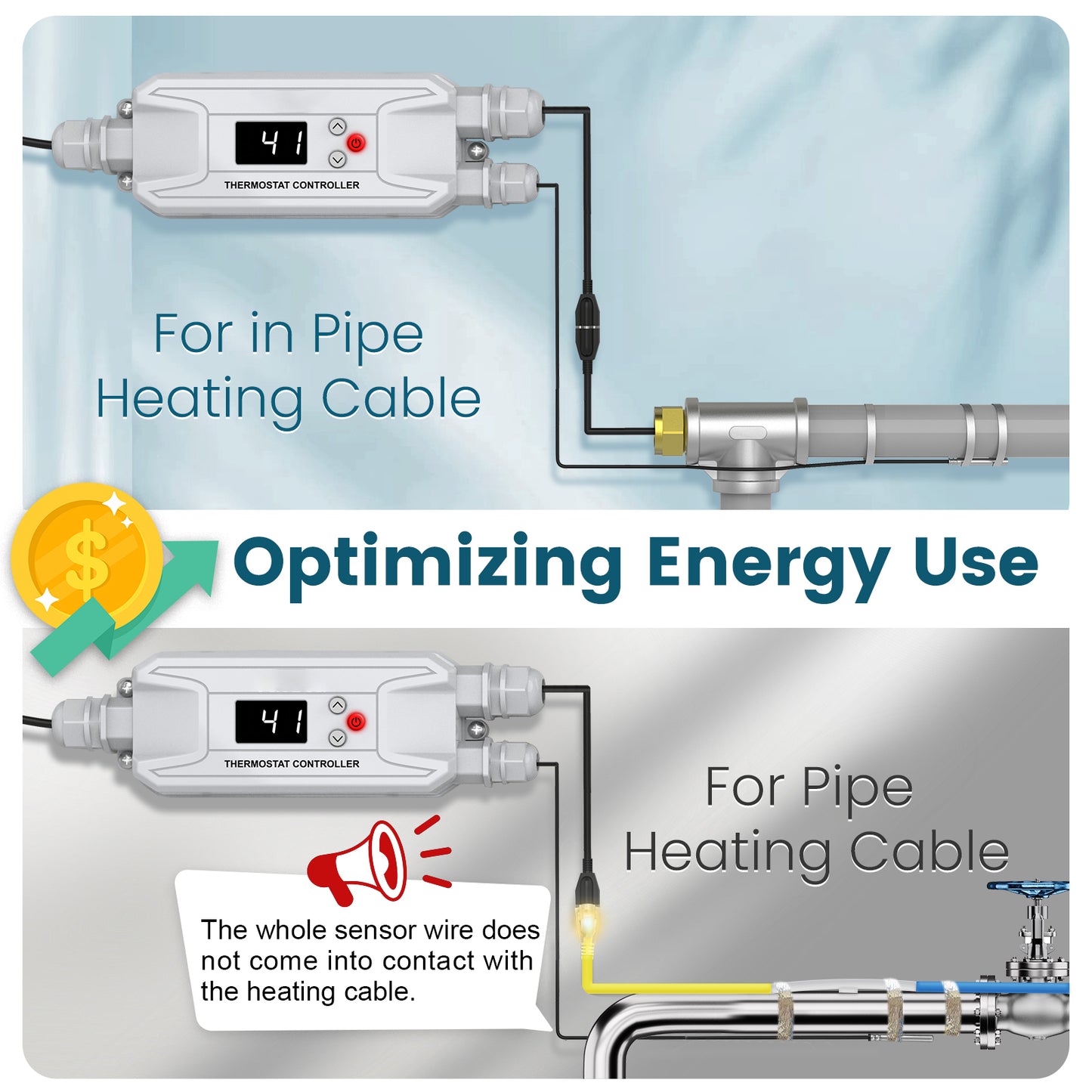 Adjustable Thermostat for Pipe Heat Tape, Customizable Temperature Control, Includes a 15 ft Sensor